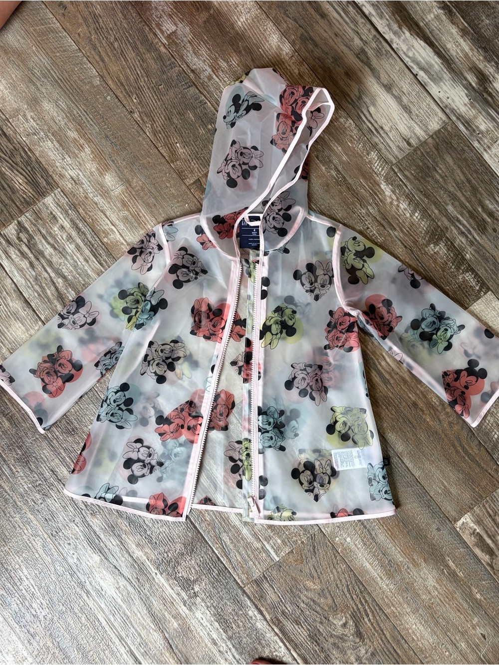GAP Kids Transparent Hooded Raincoat with Pink Trim and Multicolor Minnie Print